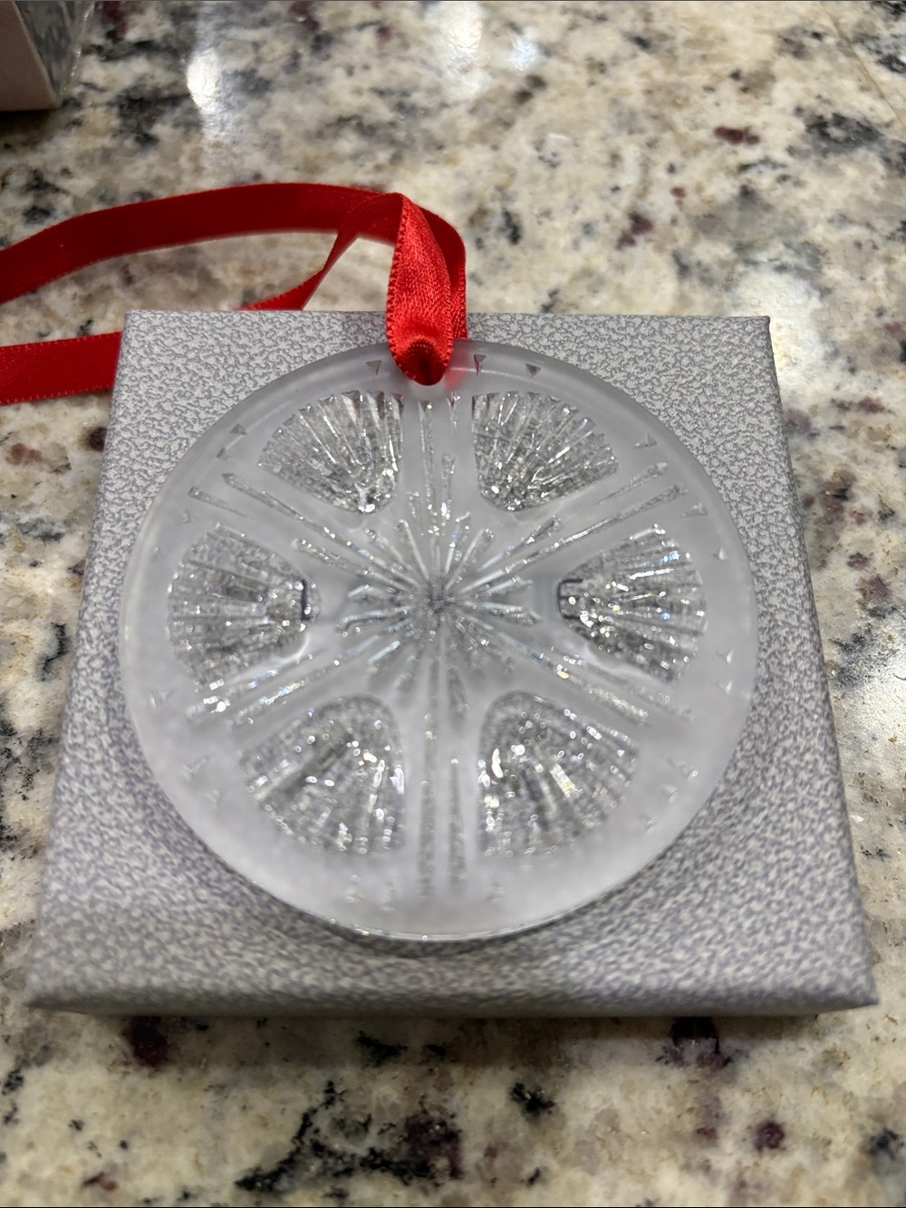 Lalique Frosted Crystal Snowflake Ornament with Red Ribbon
